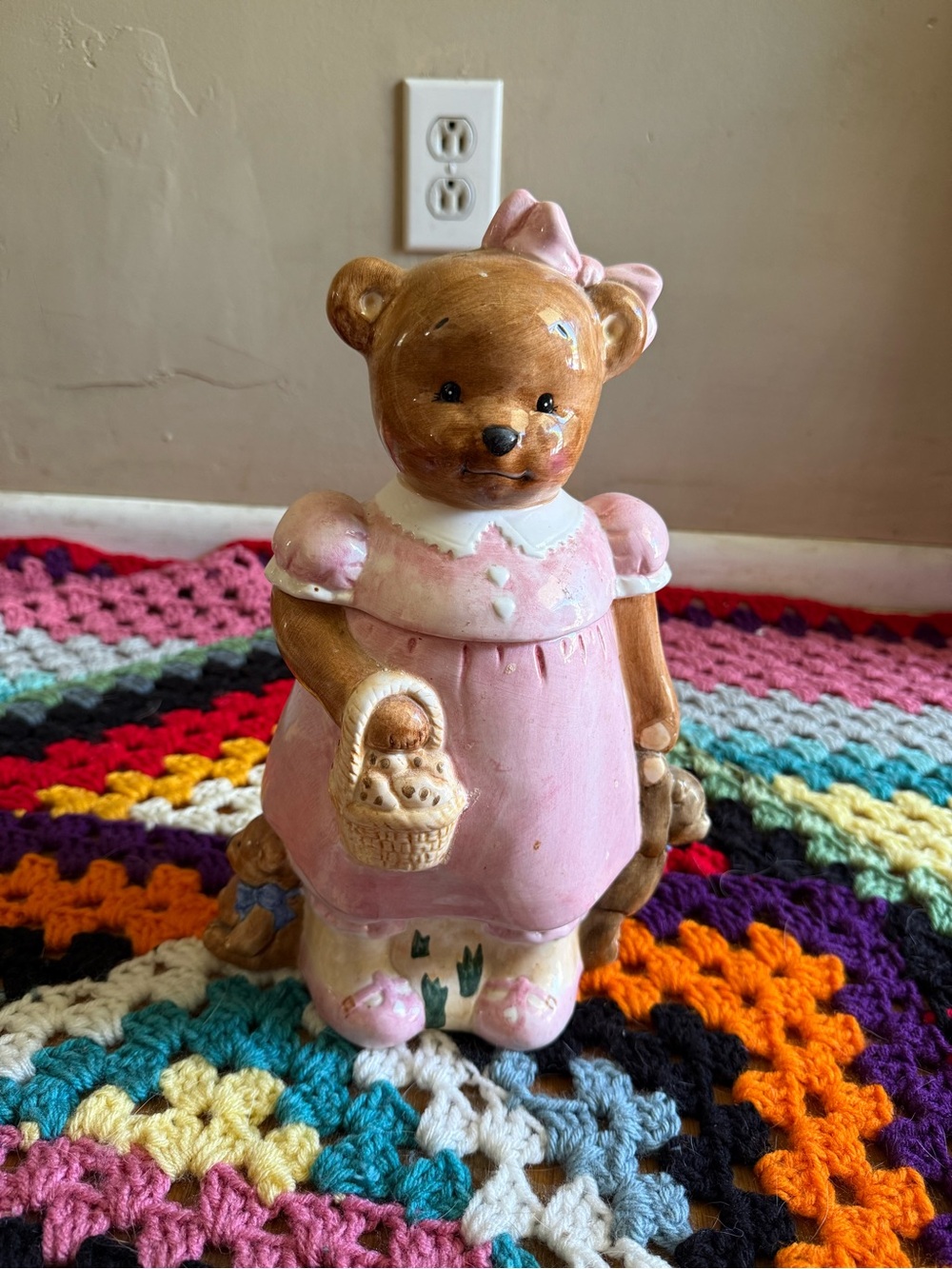 Vintage Pink Ceramic Bear Figurine Cookie Jar